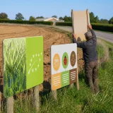 Des agriculteurs bio plantent des affiches en bord de route pour mieux se faire connaître