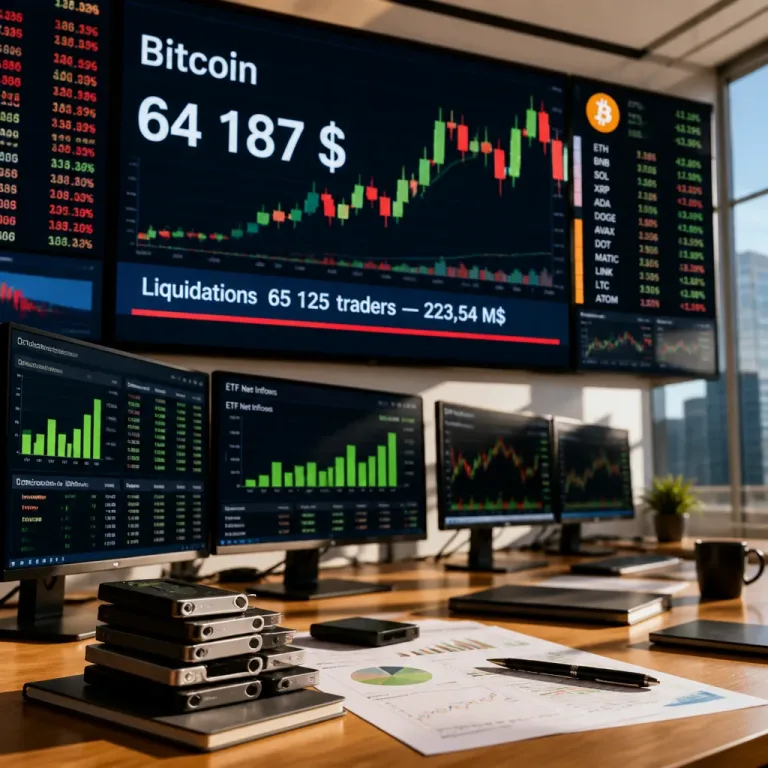 Bitcoin stable autour de 64 000 $ tandis que des liquidations massives et des flux d'ETF structurent le marché