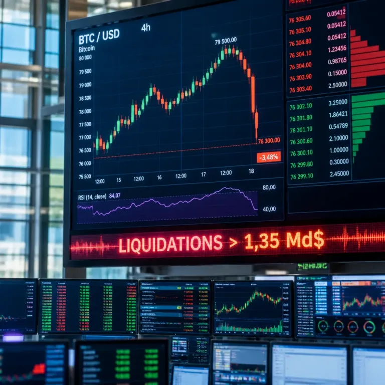 Bitcoin sous tension : RSI record, flash crash et plus d'1,35 Mrd$ de liquidations en 24h