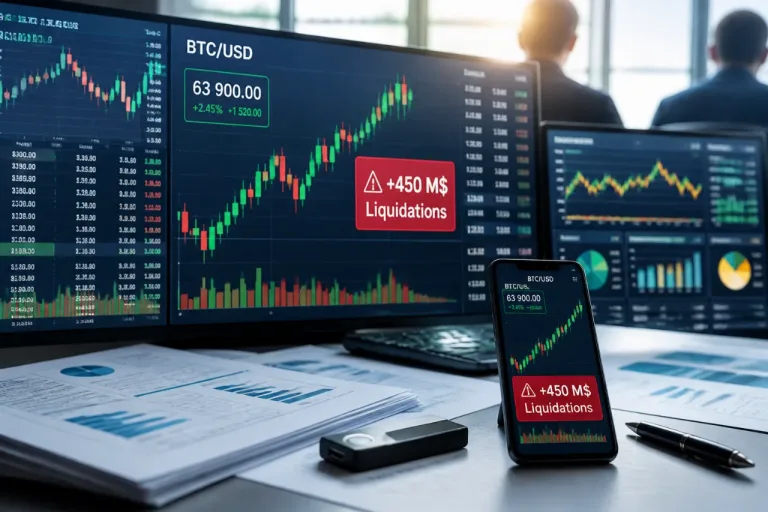 Le Bitcoin grimpe près de 64 000 $ et provoque plus de 450 M$ de liquidations de positions courtes
