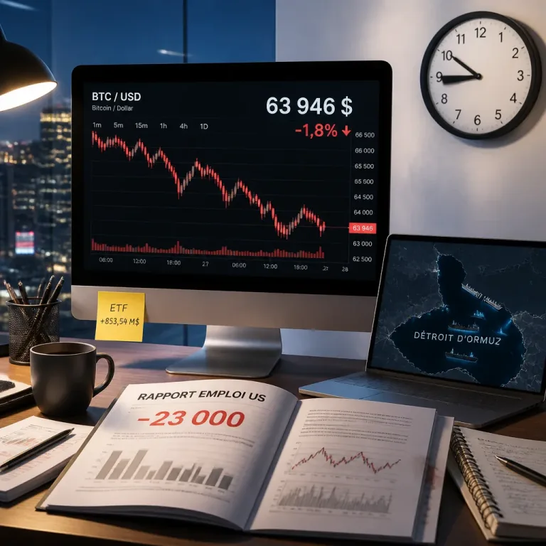 Le bitcoin replie sous 64 000$ — Ormuz, mauvais chiffres d'emploi et la Fed pèsent