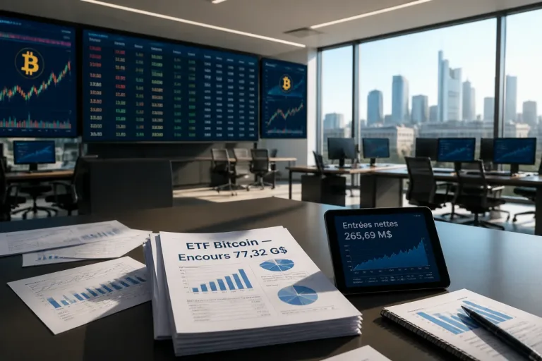 Flux massifs vers les ETF Bitcoin : 265,7 M$ entrent en une journée, signe d’un regain institutionnel