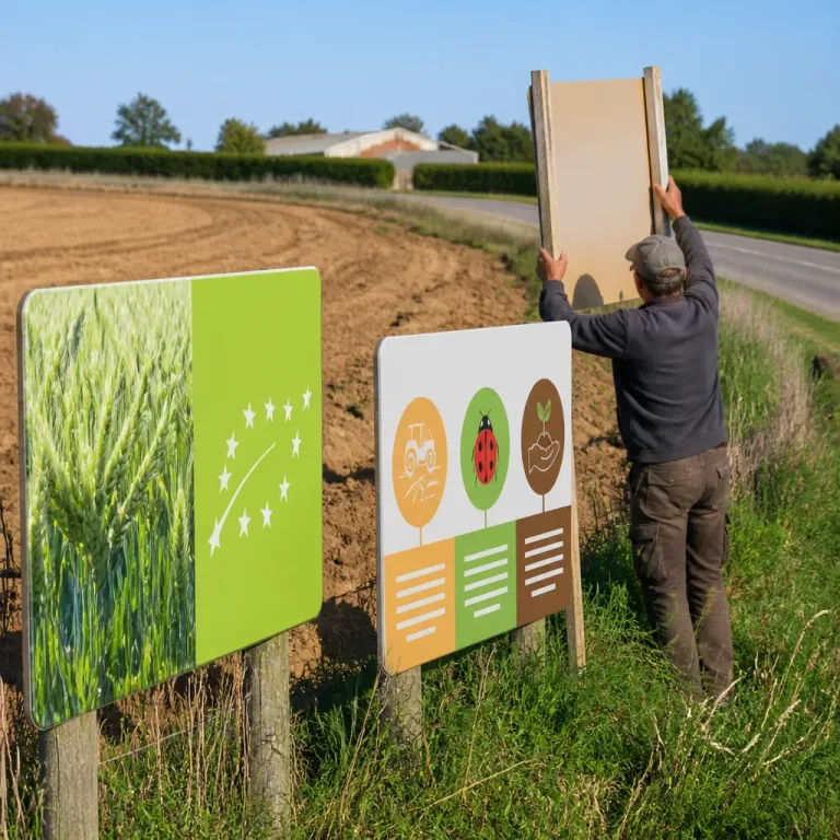 Des agriculteurs bio plantent des affiches en bord de route pour mieux se faire connaître